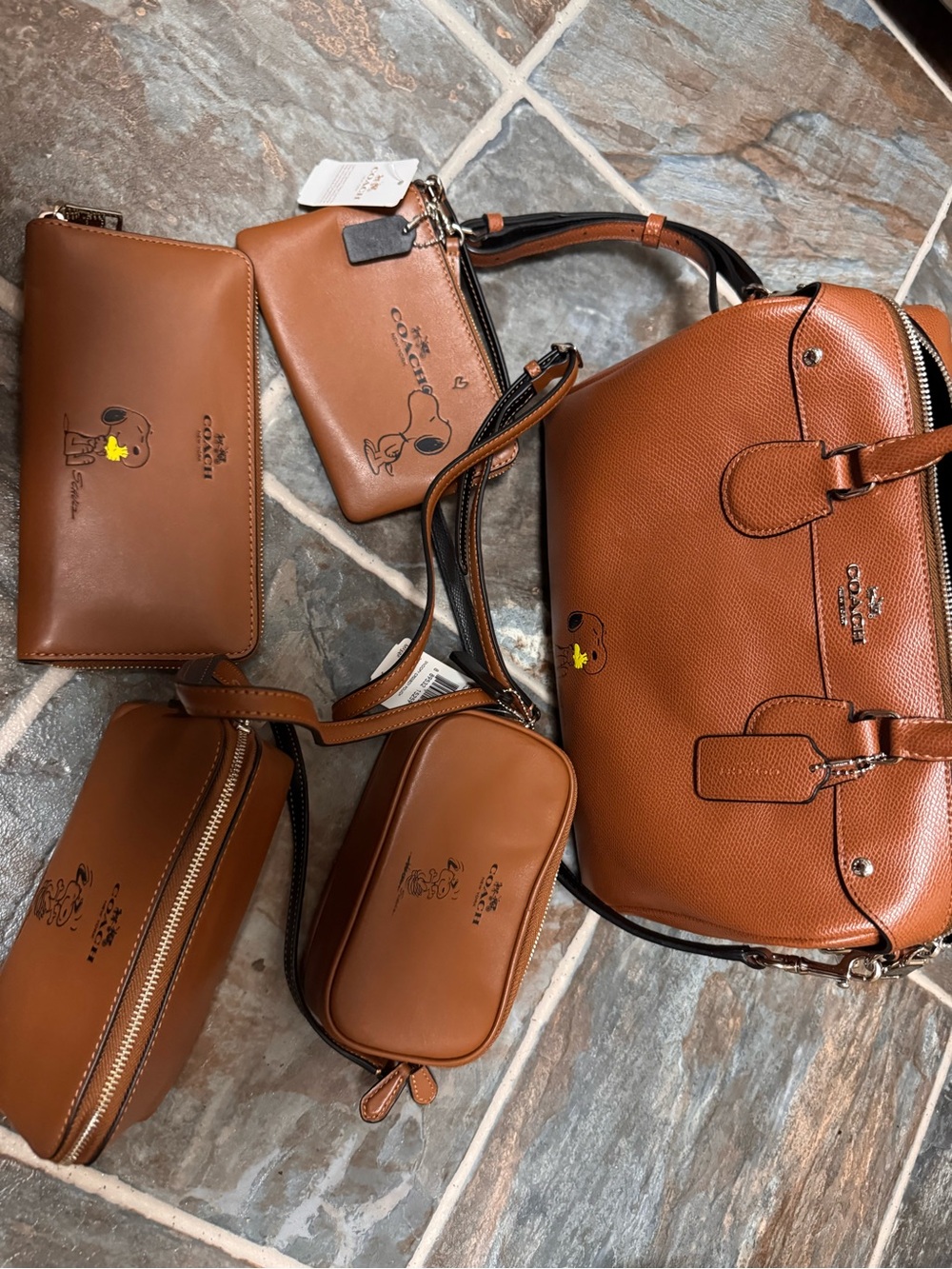 Coach Brown Pebble Leather Satchel and Pouch Set with Snoopy Motif